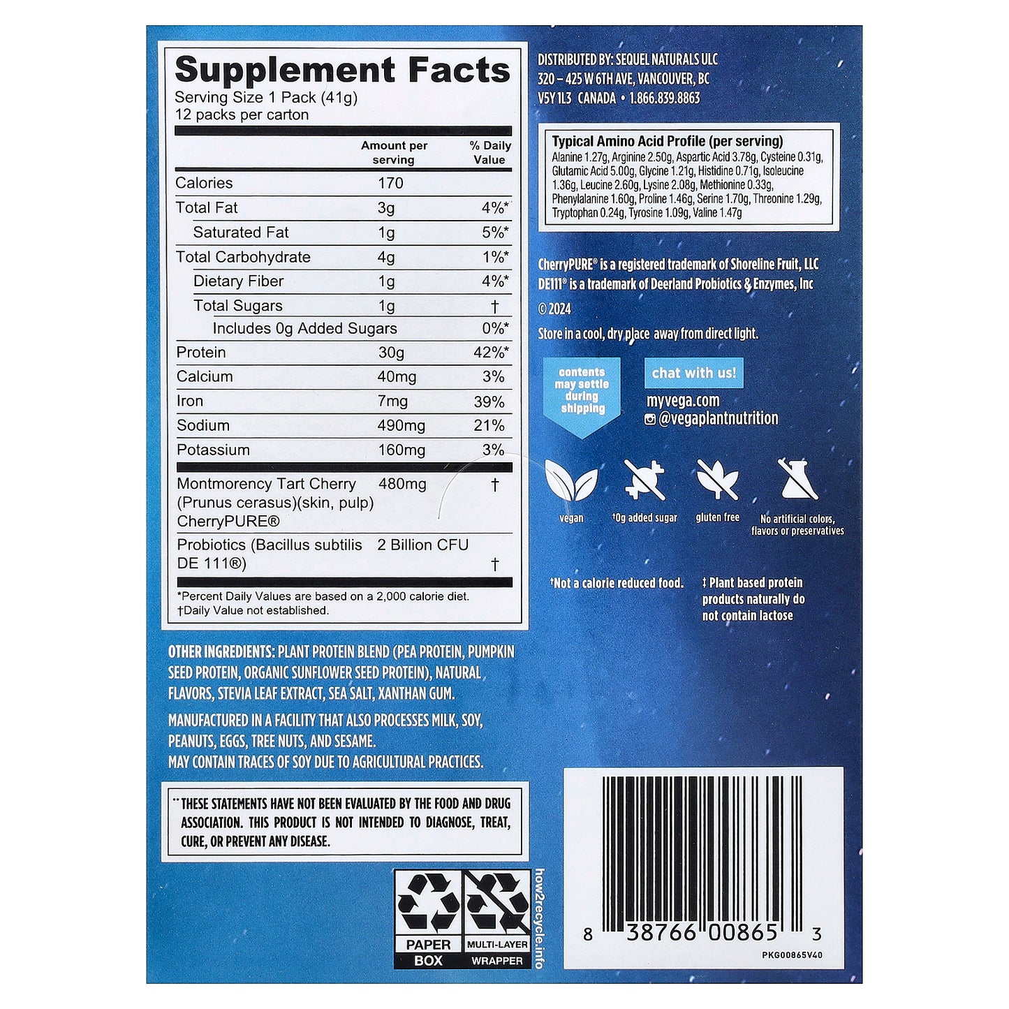 Vega, Plant-Based Protein, Performance Protein + Recovery, Creamy Vanilla, 12 Packs, 1.5 oz (41 g) Each