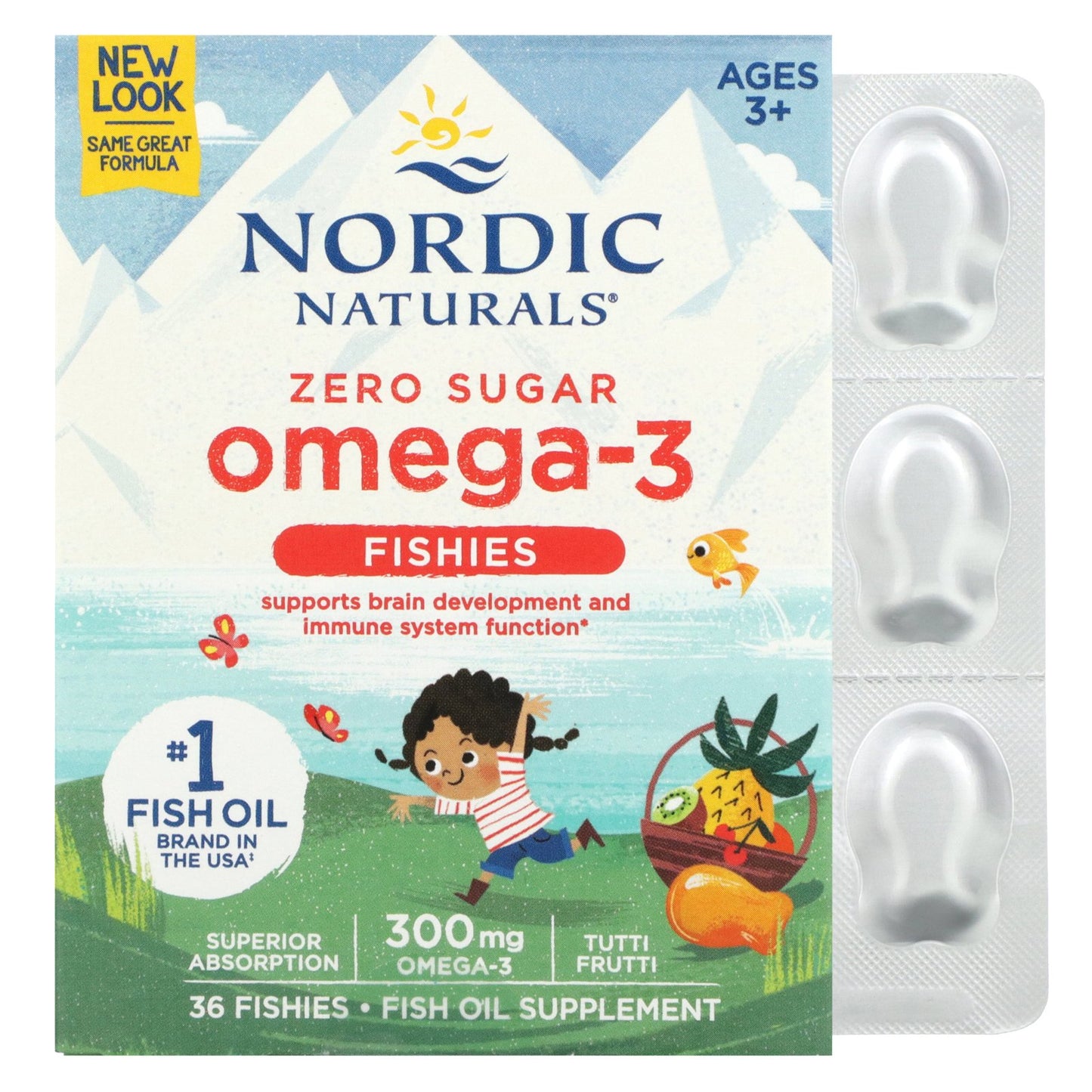 Nordic Naturals, Omega-3 Fishies, Zero Sugar, Ages 3+, Tutti Frutti, 300 mg, 36 Fishies