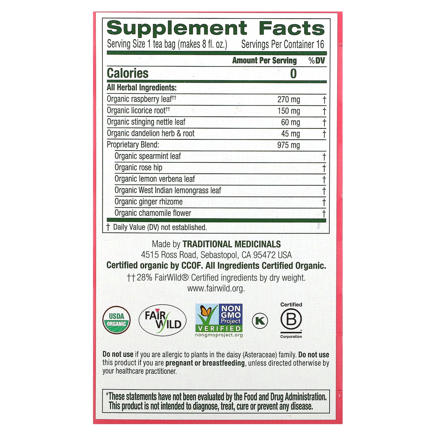 Traditional Medicinals, Organic Healthy Cycle®, Raspberry Leaf, Caffeine Free, 16 Wrapped Tea Bags, 0.85 oz (24 g)