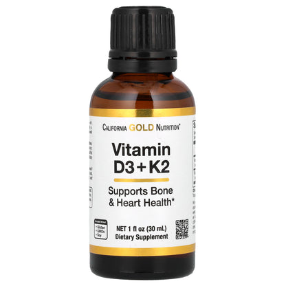 California Gold Nutrition, Vitamin D3 + K2,  25 mcg (1,000 IU), 1 fl oz (30 ml)