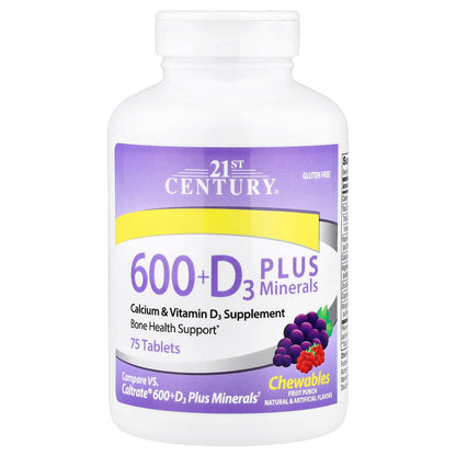 21st Century, 600 + D3 Plus Minerals, Fruit Punch, 75 Tablets