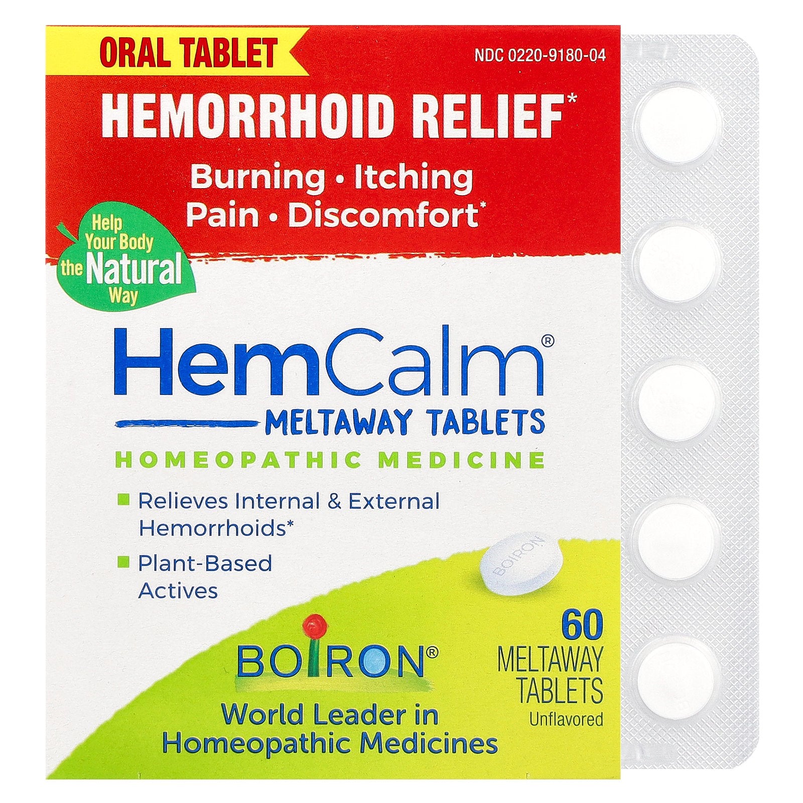 Boiron, HemCalm®, Unflavored, 60 Meltaway Tablets