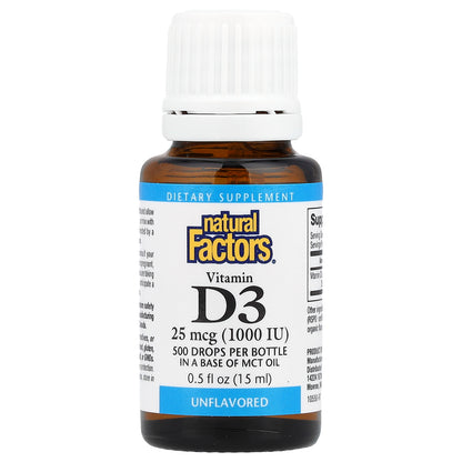 Natural Factors, Vitamin D3 Drops, Unflavored, 25 mcg (1,000 IU), 0.5 fl oz (15 ml)