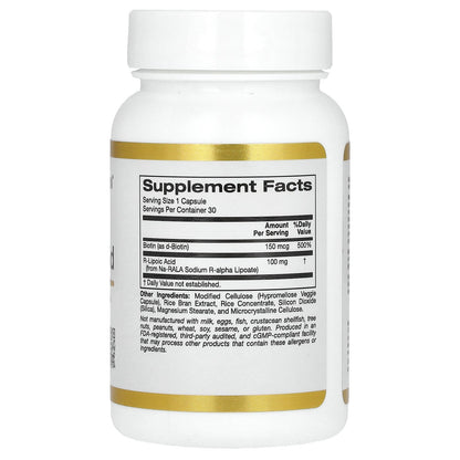 California Gold Nutrition, Stabilized R-Lipoic Acid with Biotin, 30 Veggie Capsules