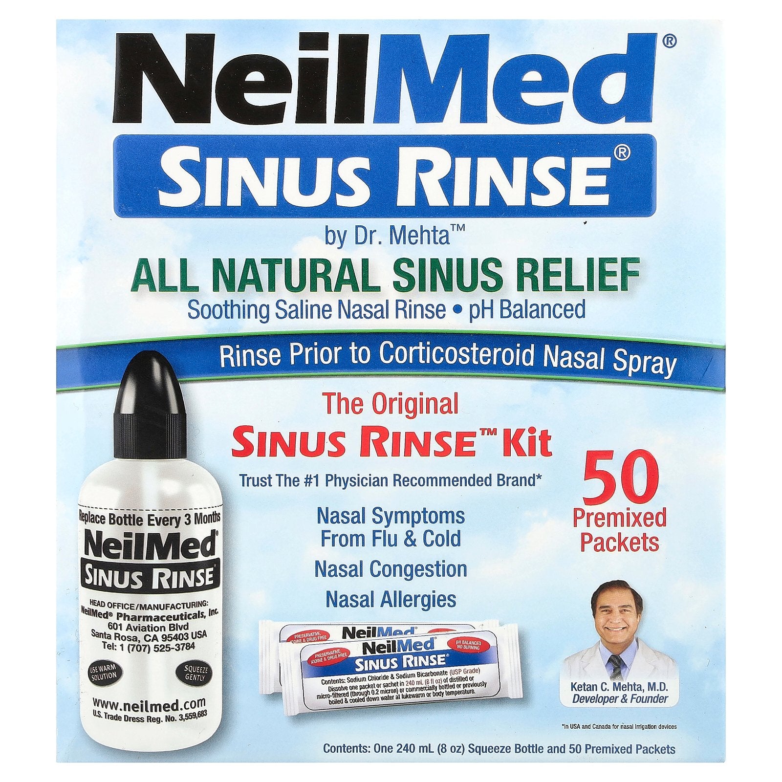 NeilMed, The Original & Patented Sinus Rinse Kit, 50 Premixed Packets, 1 Kit