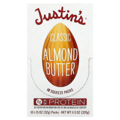 Justin's Nut Butter, Classic Almond Butter, 10 Squeeze Packs, 1.15 oz (32 g) Each
