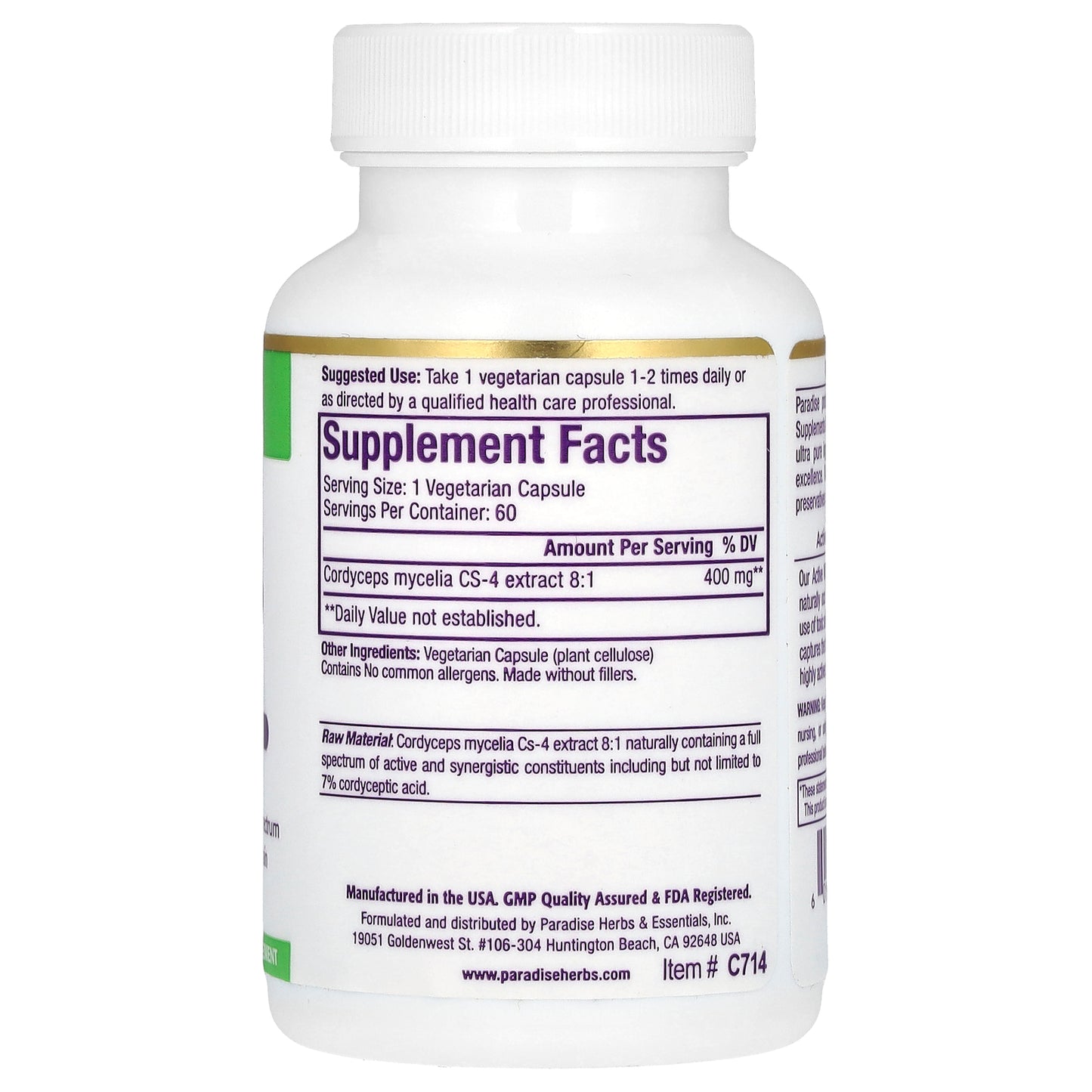 Paradise Herbs, Cordyceps Extract, 60 Vegetarian Capsules (400 mg per Capsule)