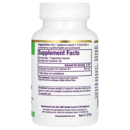 Paradise Herbs, Cordyceps Extract, 60 Vegetarian Capsules (400 mg per Capsule)