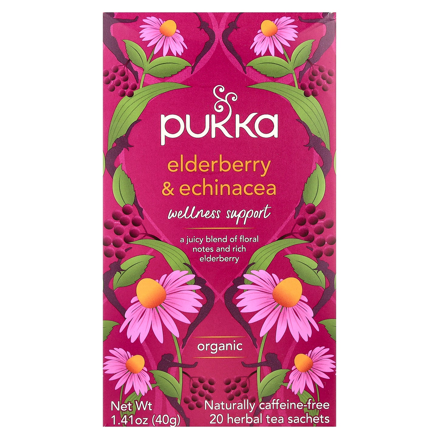 Pukka Herbs, Organic Herbal Tea, Elderberry & Echinacea, Caffeine Free, 20 Sachets, 1.41 oz (40 g)