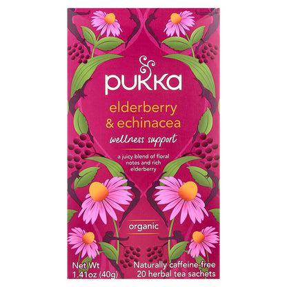 Pukka Herbs, Organic Herbal Tea, Elderberry & Echinacea, Caffeine Free, 20 Sachets, 1.41 oz (40 g)