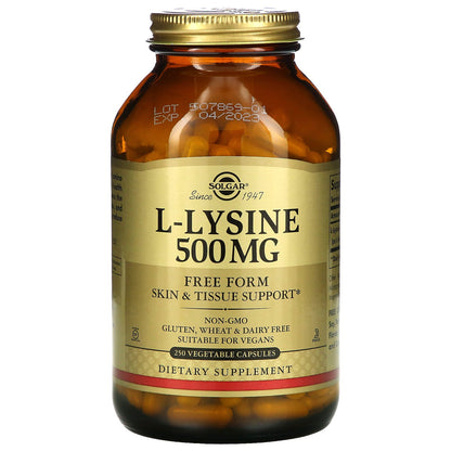 Solgar, L-Lysine, Free Form, 500 mg, 250 Vegetable Capsules