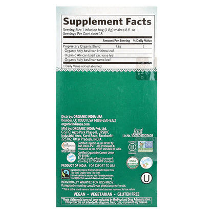Organic India, Tulsi Original Tea, Caffeine-Free, 18 Infusion Bags, 1.14 oz (32.4 g)