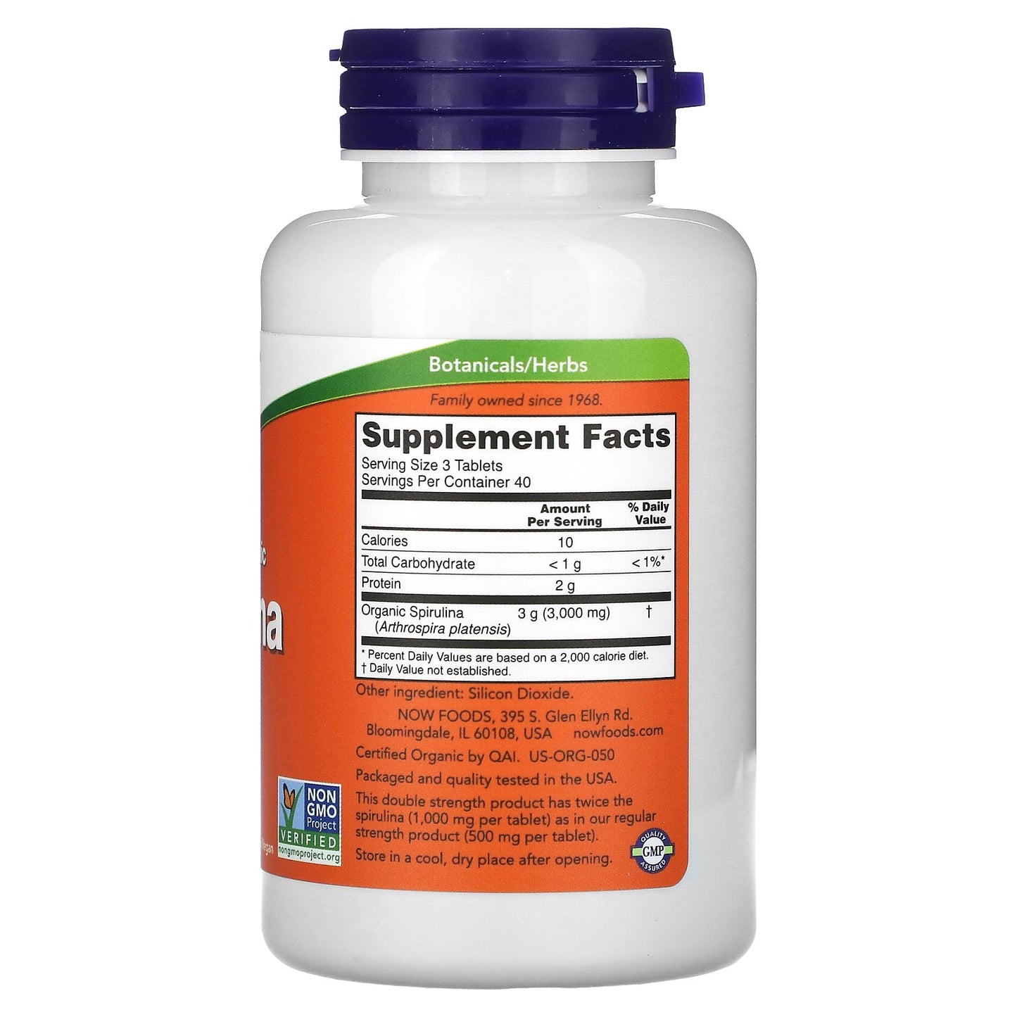 NOW Foods, Certified Organic Spirulina, Double Strength, 1,000 mg, 120 Tablets