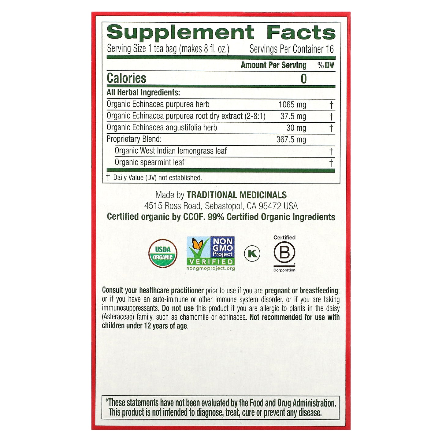 Traditional Medicinals, Organic Echinacea Plus®, Original with Spearmint, Caffeine Free, 16 Wrapped Tea Bags, 0.85 oz (24 g)