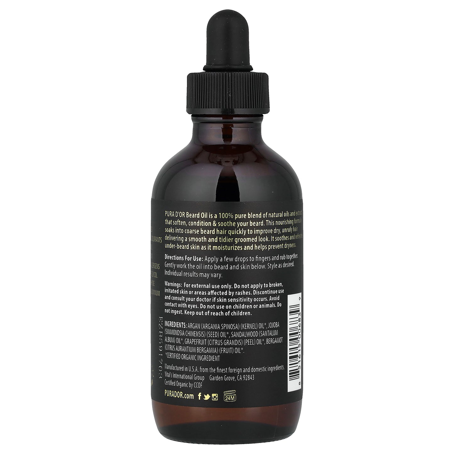 Pura D'or, Organic Beard Softening Oil, Original Sandalwood, 4 fl oz (118 ml)