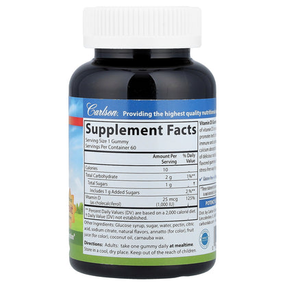 Carlson, Vitamin D3 Gummies, Natural Fruit, 25 mcg (1,000 IU), 60 Vegetarian Gummies
