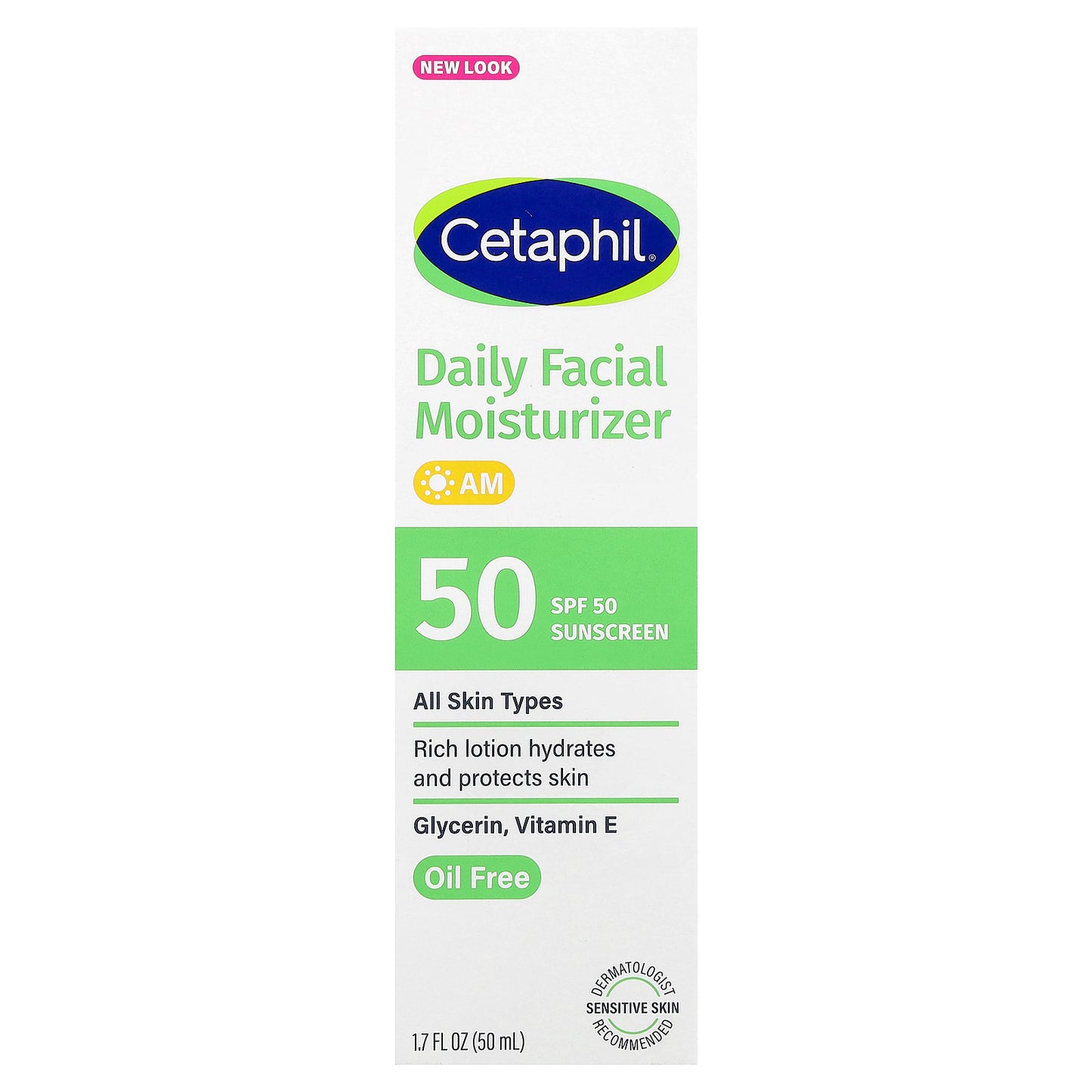 Cetaphil, Daily Facial Moisturizer, Sunscreen, SPF 50, Fragrance Free, 1.7 fl oz (50 ml)