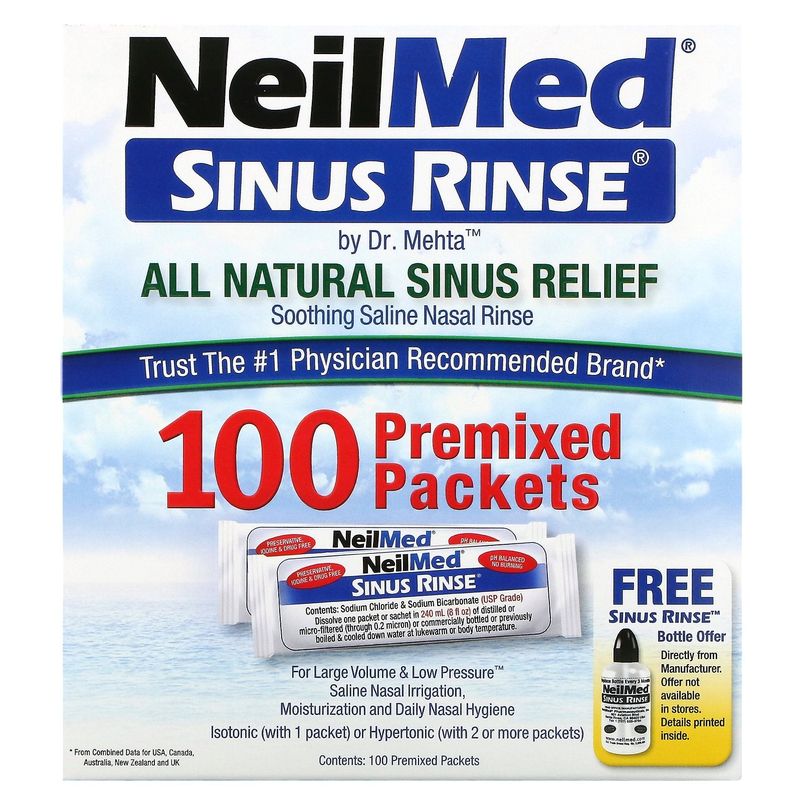 NeilMed, Sinus Rinse, All Natural Sinus Relief, 100 Premixed Packets