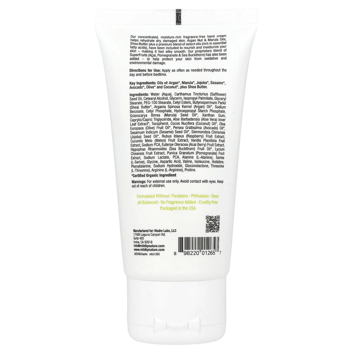 Mild By Nature, Argan Oil Hand Cream with Marula Oil & Coconut Oil plus Shea Butter, Soothing and Unscented, 2.5 oz (71 g)