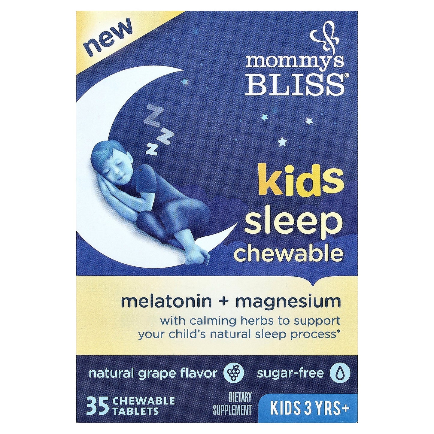 Mommy's Bliss, Kids Sleep Chewable, Melatonin + Magnesium, 3 Yrs+, Natural Grape, 35 Chewable Tablets