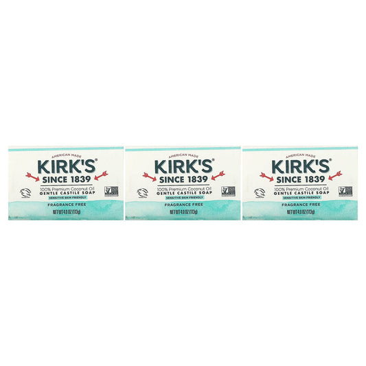 Kirk's, 100% Premium Coconut Oil Gentle Castile Soap, Fragrance Free, 3 Bars, 4 oz (113 g) Each