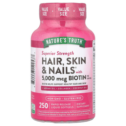 Nature's Truth, Hair, Skin & Nails with Biotin, Superior Strength, 250 Rapid Release Liquid Softgels