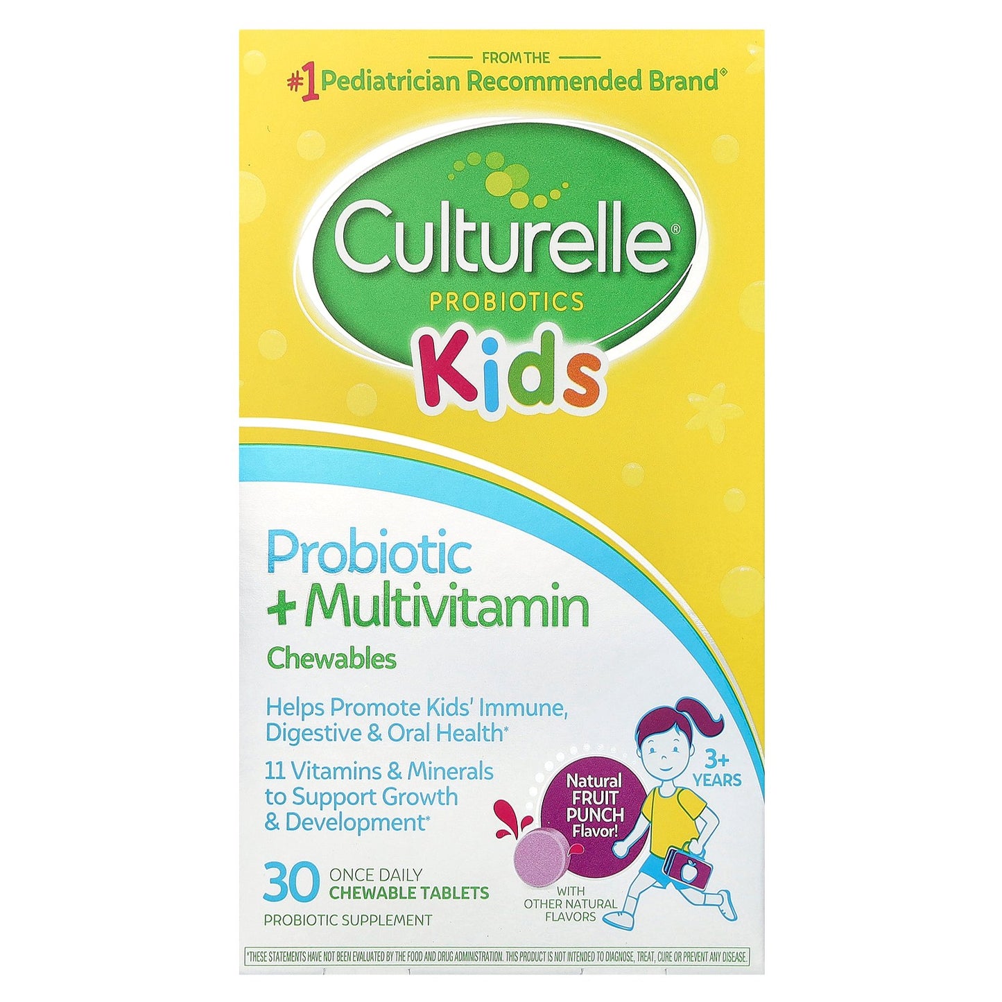 Culturelle, Kids, Probiotic + Multivitamin Chewables, 3+ Years, Natural Fruit Punch, 30 Chewable Tablets