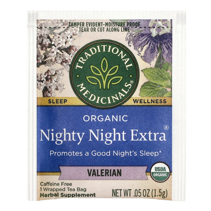 Traditional Medicinals, Organic Nighty Night Extra®, Lemon Balm & Valerian, Caffeine Free, 16 Wrapped Tea Bags, 0.85 oz (24 g)