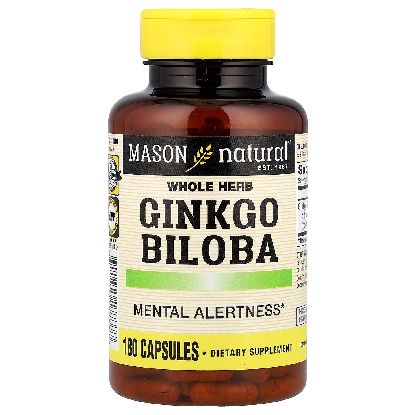 Mason Natural, Whole Herb Ginkgo Biloba, 180 Capsules (125 mg per Capsule)