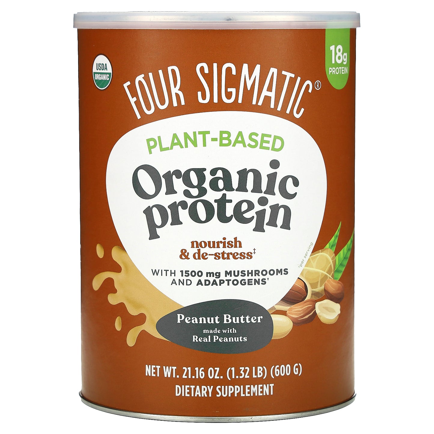 Four Sigmatic, Plant-Based Organic Protein with Mushrooms & Adaptogens, Peanut Butter, 1.32 lbs (600 g)