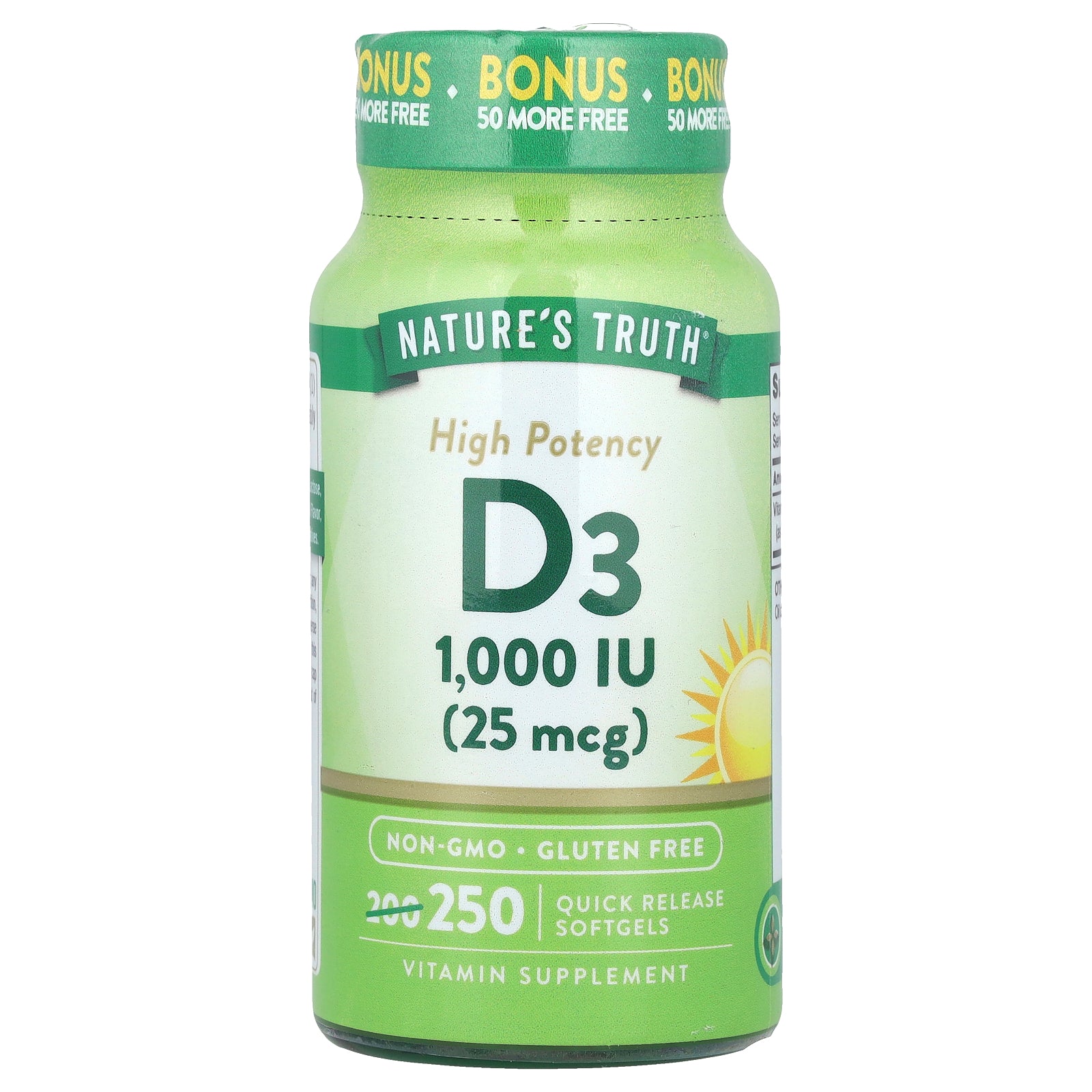 Nature's Truth, Vitamin D3, High Potency , 25 mcg (1,000 IU), 250 Quick Release Softgels