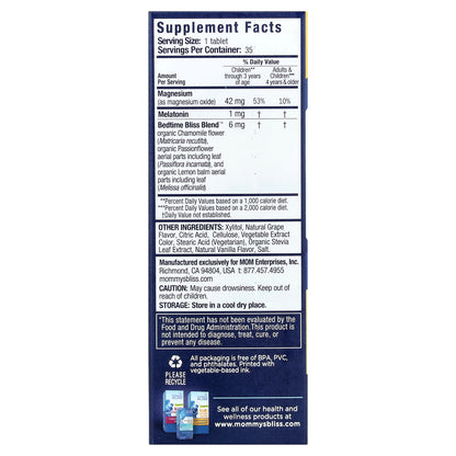 Mommy's Bliss, Kids Sleep Chewable, Melatonin + Magnesium, 3 Yrs+, Natural Grape, 35 Chewable Tablets