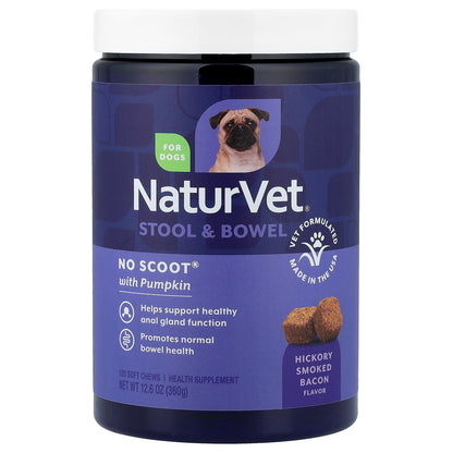 NaturVet, No Scoot®, Stool & Bowel With Pumpkin, For Dogs, Hickory Smoked Bacon , 120 Soft Chews, 12.6 oz (360 g)