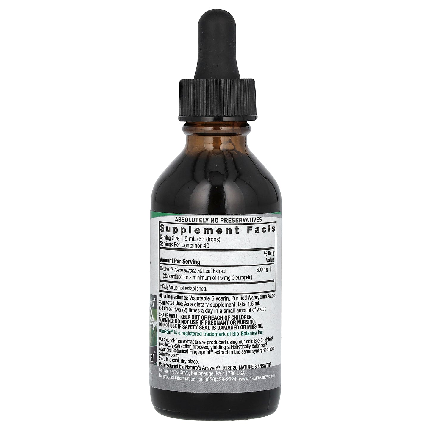 Nature's Answer, Olive Leaf Extract, Standardized, Alcohol-Free, 600 mg, 2 fl oz (60 ml)