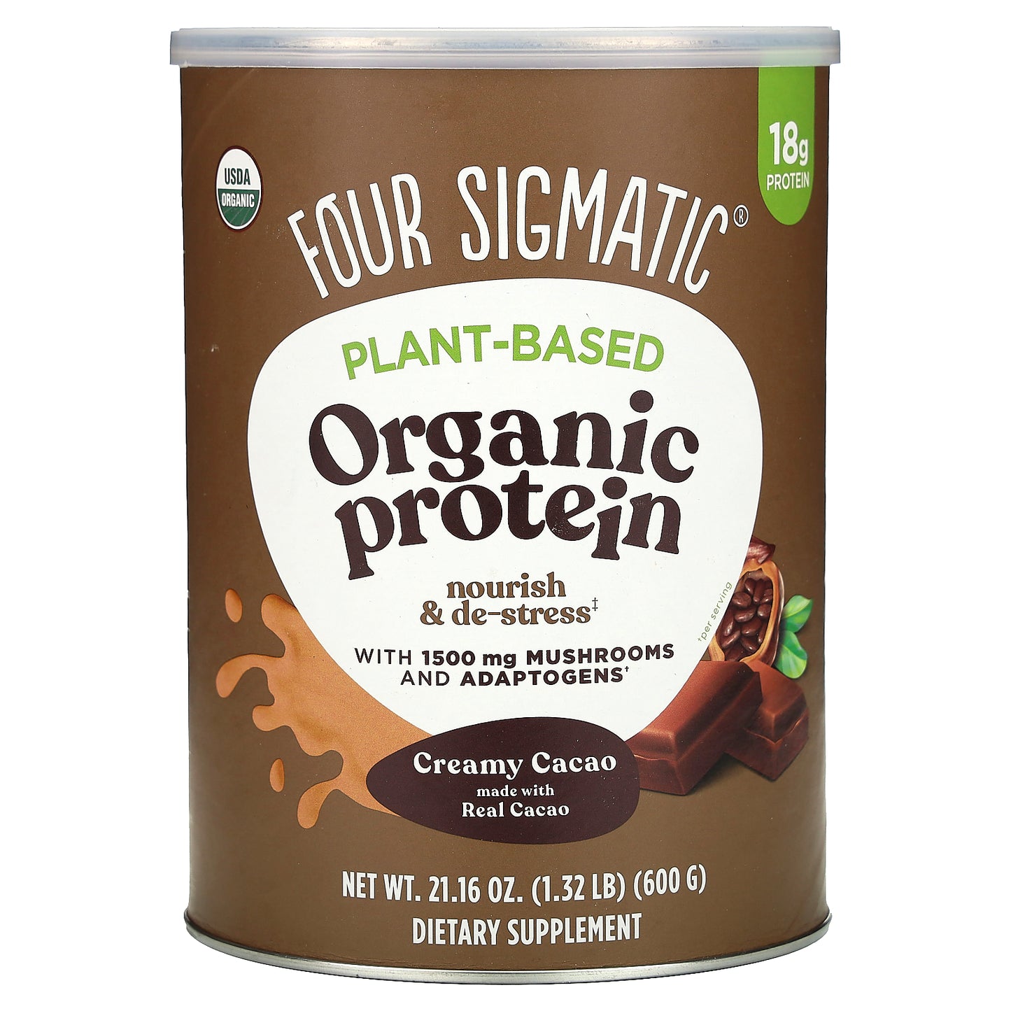 Four Sigmatic, Plant-Based Organic Protein with Mushrooms & Adaptogens, Creamy Cacao, 1.32 lbs (600 g)