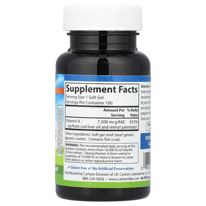 Carlson, Vitamin A, 7,500 mcg RAE (25,000 IU), 100 Soft Gels