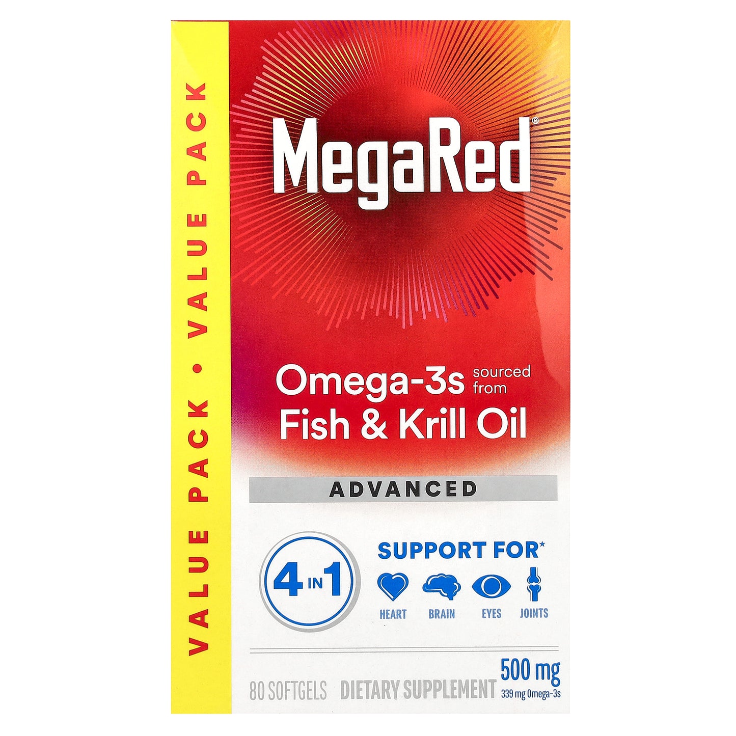 Schiff, MegaRed, Omega-3s Fish & Krill Oil, Advanced 4in1, Vanilla, 500 mg, 80 Softgels