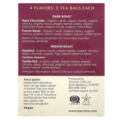 Teeccino, Roasted Herbal Tea Sampler, 4 Flavors, Caffeine Free, 12 Tea Bags, 2.54 oz (72 g)