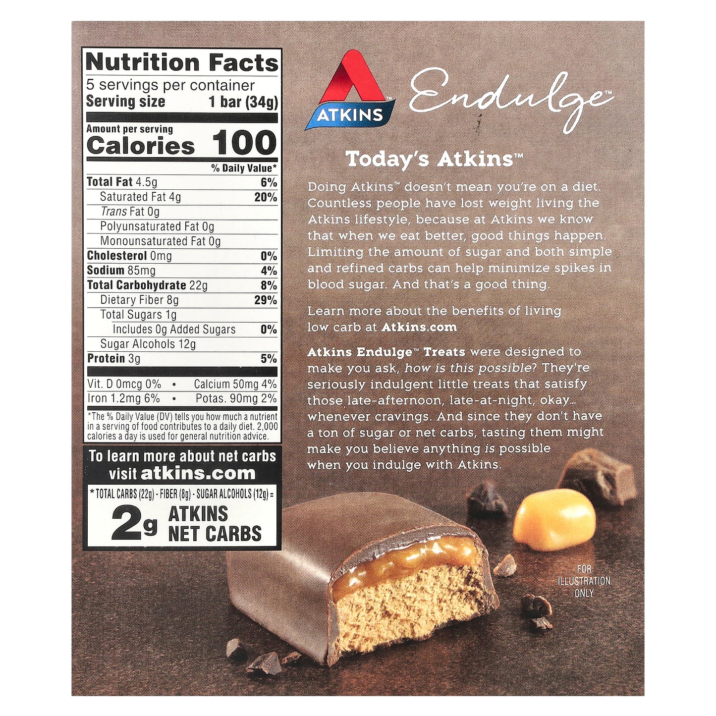 Atkins, Endulge™, Chocolate Caramel Mousse Bar, 5 Bars, 1.2 oz (34 g) Each