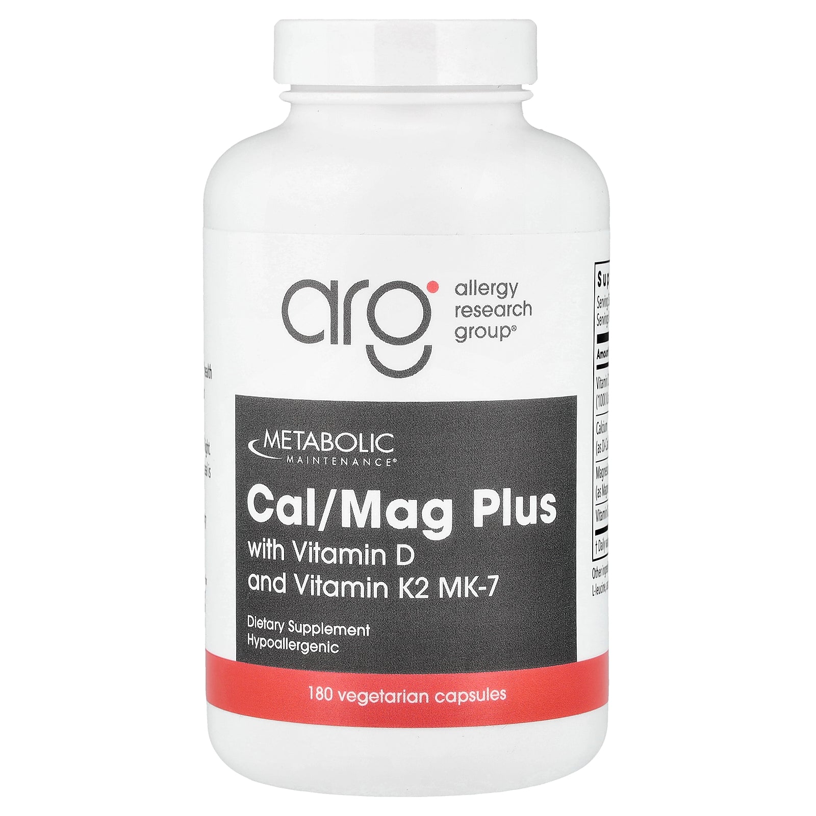 Metabolic Maintenance, Cal/Mag Plus with Vitamin D and Vitamin K2 MK-7, 180 Vegetarian Capsules