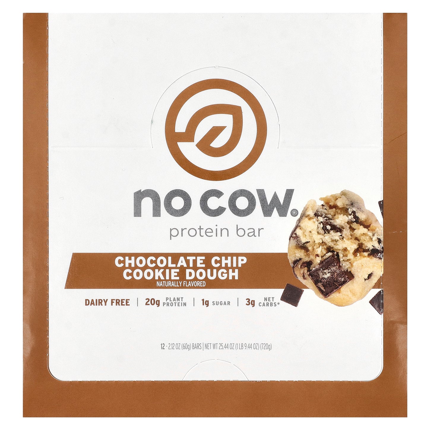 No Cow, Protein Bar, Chocolate Chip Cookie Dough, 12 Bars, 2.12 oz (60 g) Each