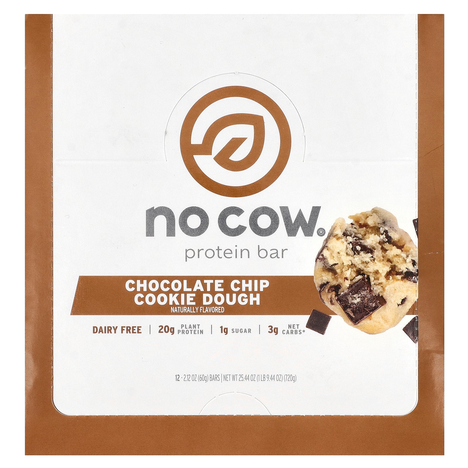 No Cow, Protein Bar, Chocolate Chip Cookie Dough, 12 Bars, 2.12 oz (60 g) Each
