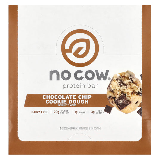 No Cow, Protein Bar, Chocolate Chip Cookie Dough, 12 Bars, 2.12 oz (60 g) Each