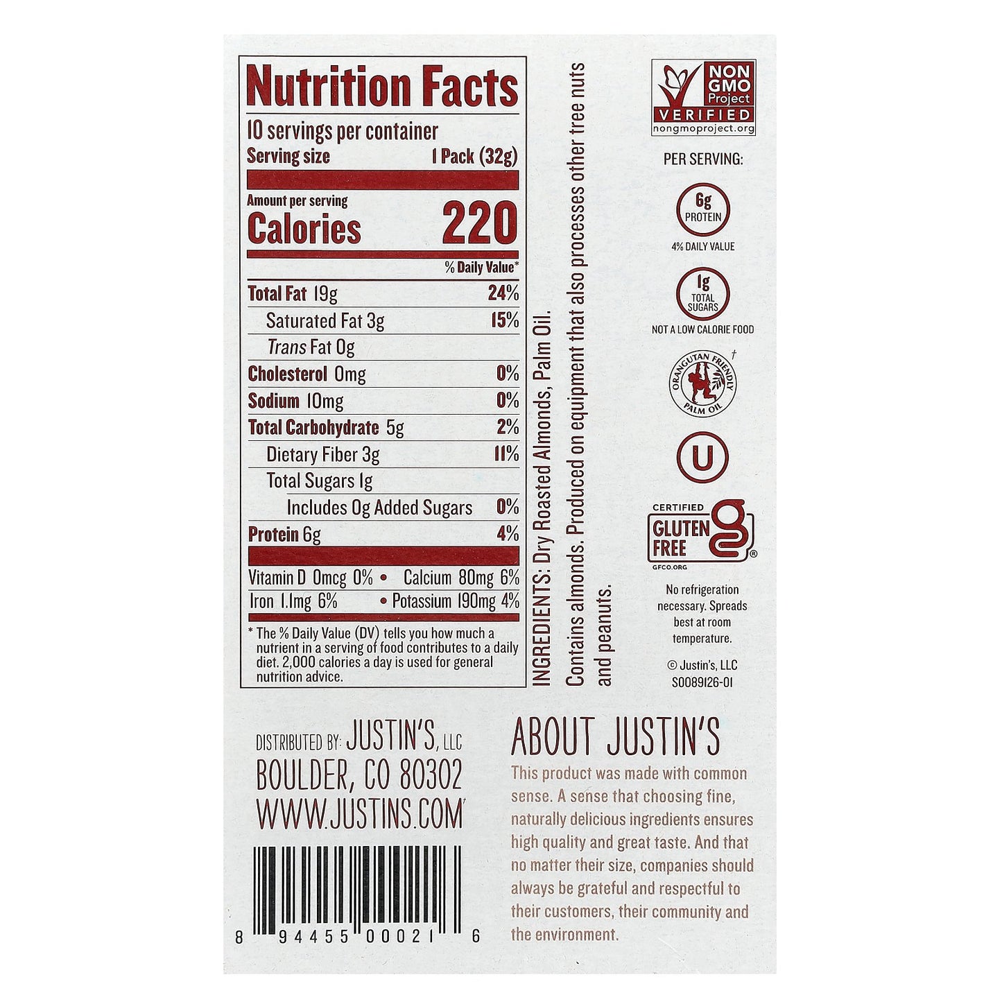 Justin's Nut Butter, Classic Almond Butter, 10 Squeeze Packs, 1.15 oz (32 g) Each