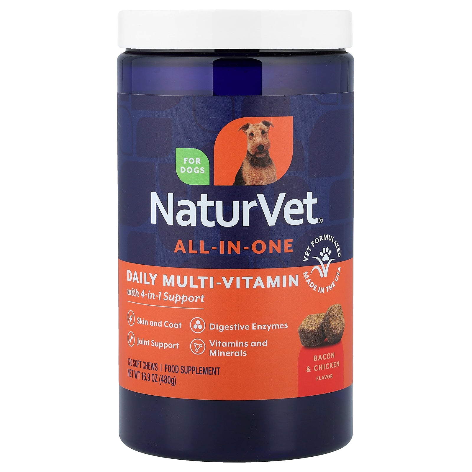 NaturVet, All-In-One Daily Multi-Vitamin With 4-In-1 Support, For Dogs, Bacon & Chicken, 120 Soft Chews, 16.9 oz (480 g)
