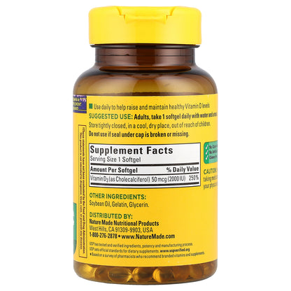 Nature Made, Vitamin D3, 50 mcg (2,000 IU), 250 Softgels