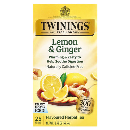 Twinings, Flavored Herbal Tea, Lemon & Ginger, Caffeine Free, 25 Tea Bags, 1.32 oz (37.5 g)