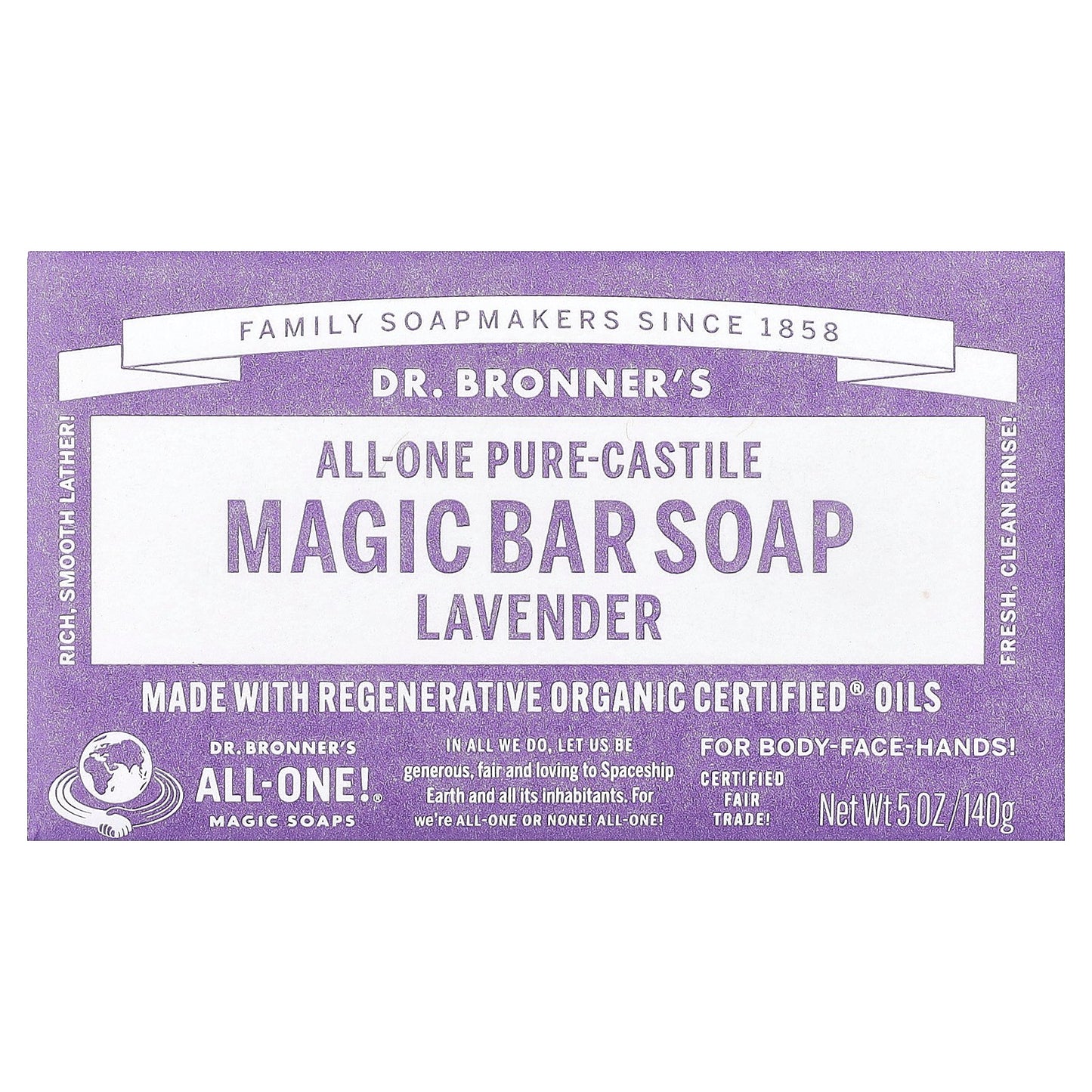 Dr. Bronner's, All-One Pure-Castile Magic Bar Soap, Lavender, 5 oz (140 g)