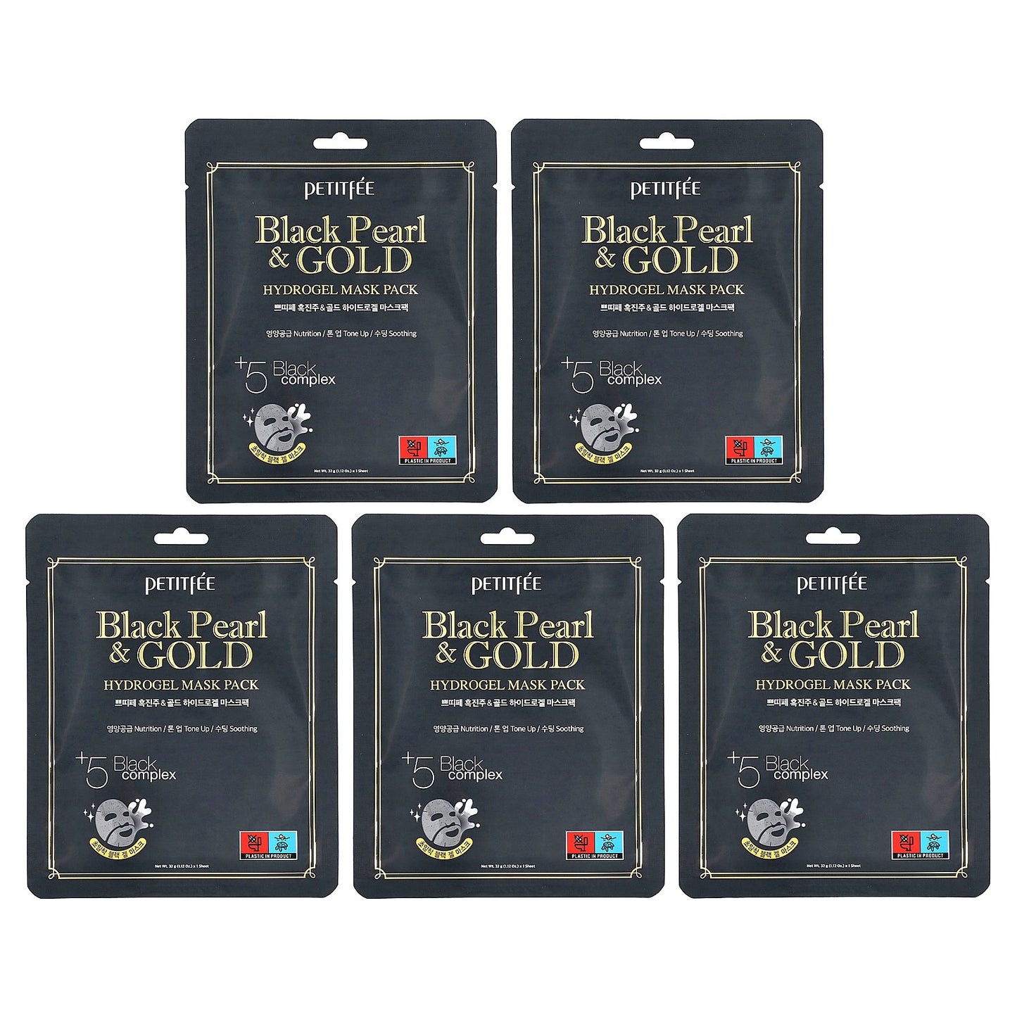Petitfee, Black Pearl & Gold Hydrogel Beauty Mask Pack, 5 Sheets, 1.12 oz (32 g) Each