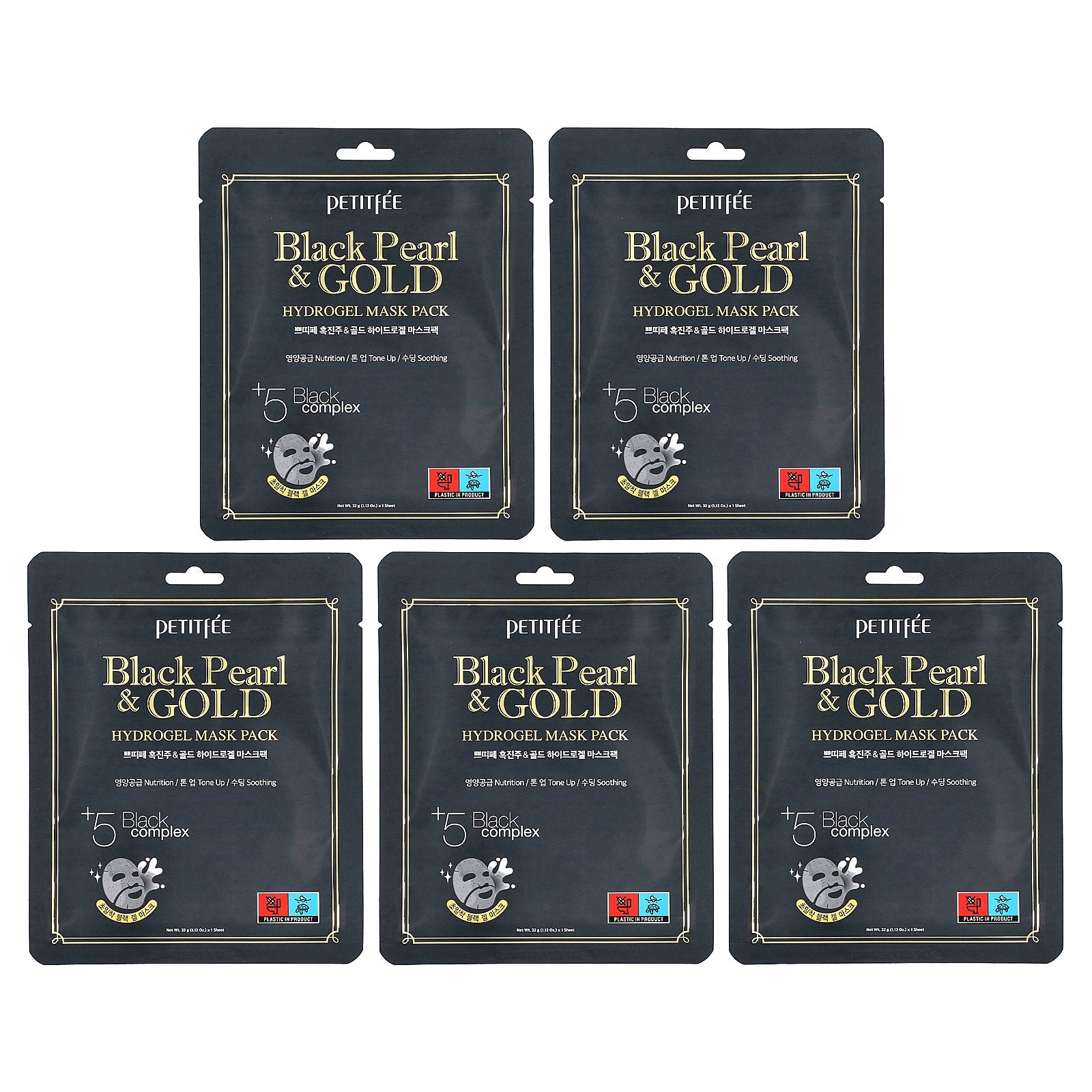 Petitfee, Black Pearl & Gold Hydrogel Beauty Mask Pack, 5 Sheets, 1.12 oz (32 g) Each